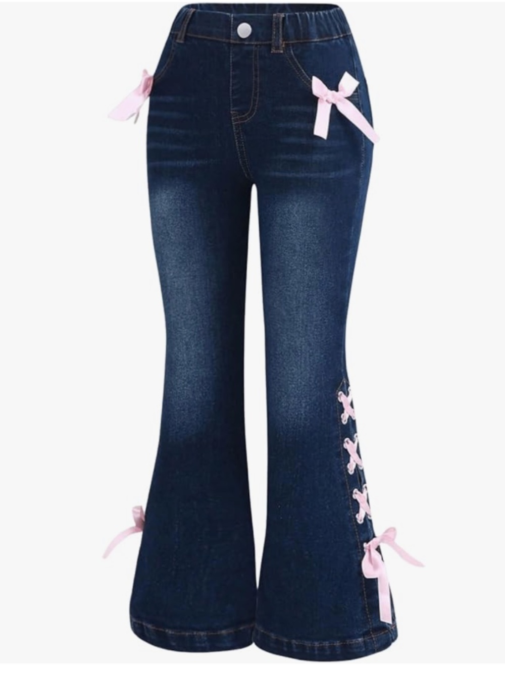 Kids Girls Girl's Bell Bottom Flare Jeans Cute Lace Up Bow Side Y2k Denim Sz. 8Y